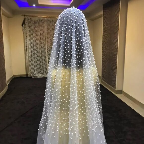 Bridal Veil With Pearls, Cathedral Length Beaded Pearl Veil main image 8